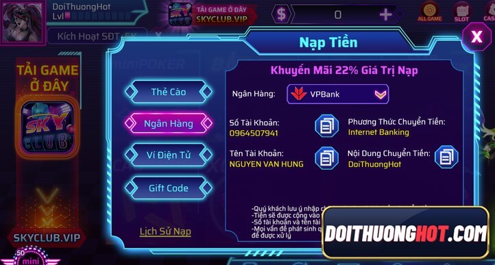 Skyclub Top là cổng game bài xanh chín tốt nhất hiện nay. Vậy game Skyclub có gì? cách nạp tiền Skyclub ra sao? Hãy cùng kênh Đổi Thưởng Hot đánh giá chi tiết.